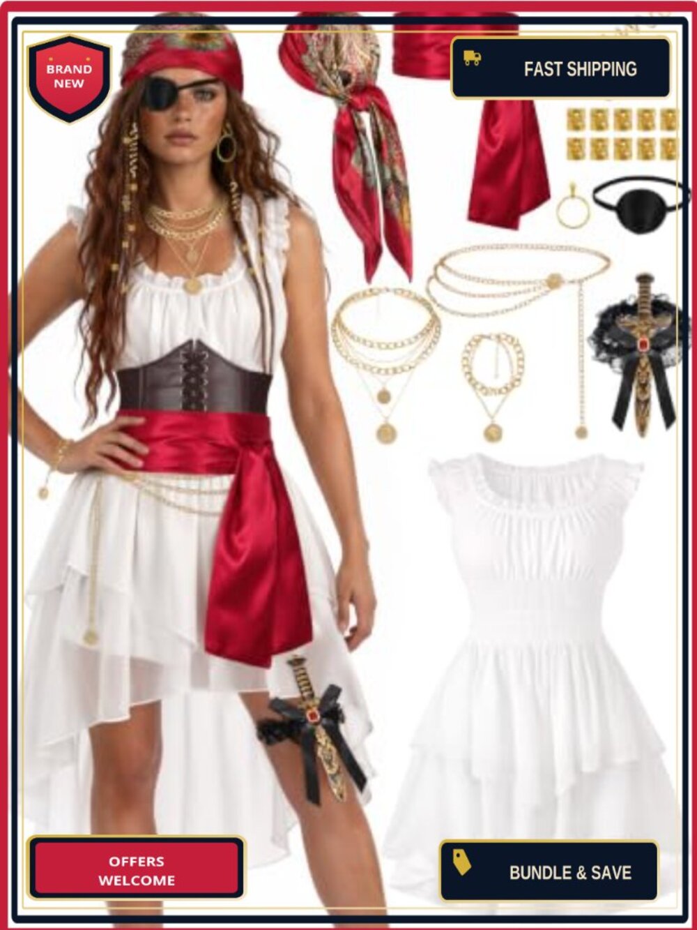 Womens Pirate Costume 10 Pc Set Polyester Ren Faire Halloween Cosplay